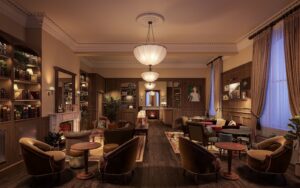 seating around a central fireplace in The Hoxton Library Dublin
