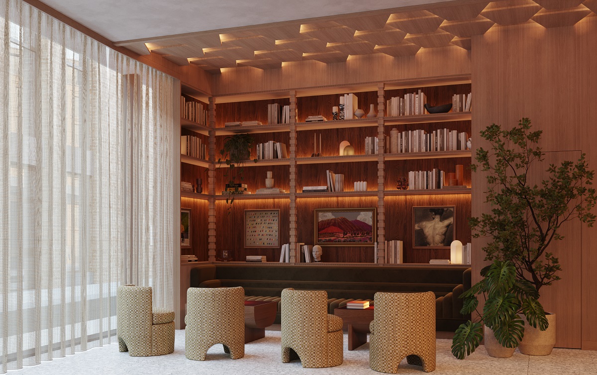 wooden recessed book shelves with low level seating in front for guests in library of Aethos London