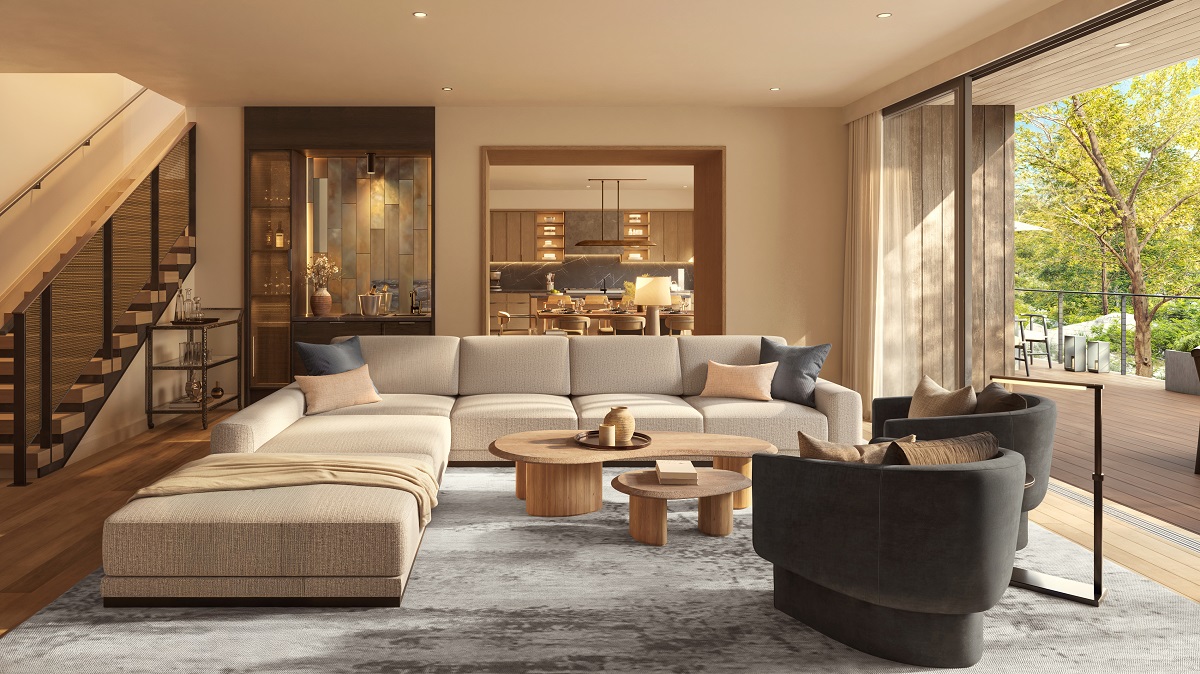 contemporary cream couches and seating with views to outdoors and open plan design