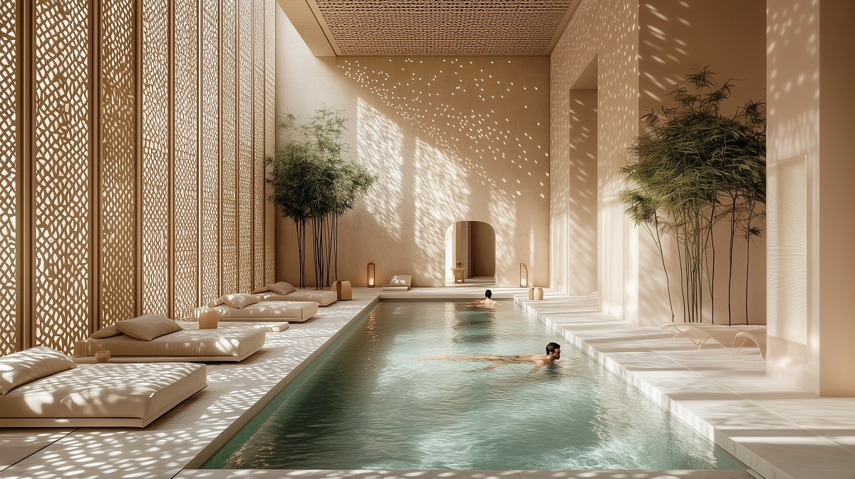indoor spa swimming pool surrounded by pillars in cream stone with person in the pool