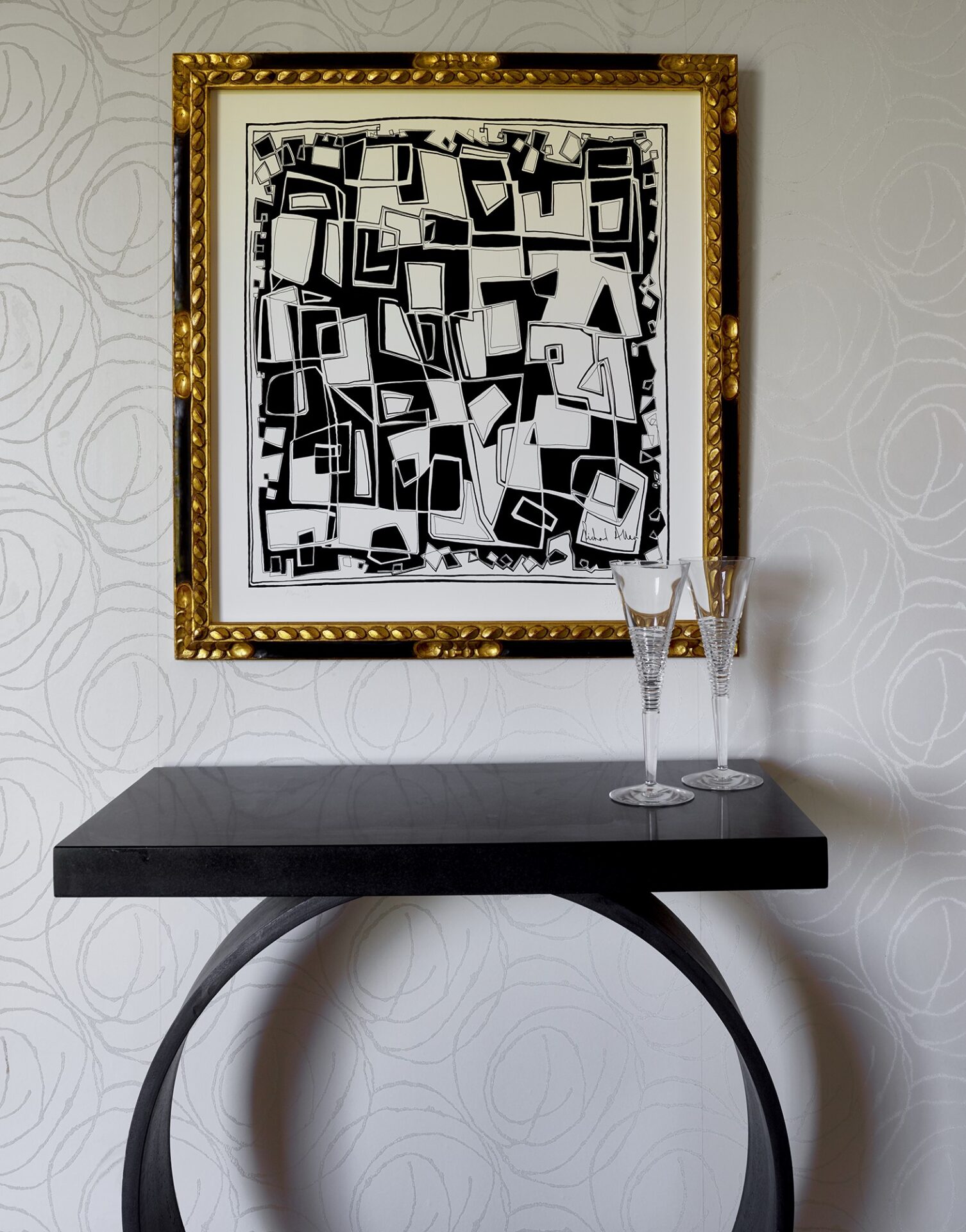 Black and white graphic silk scarf by Richard Allan London in guilded gold frame