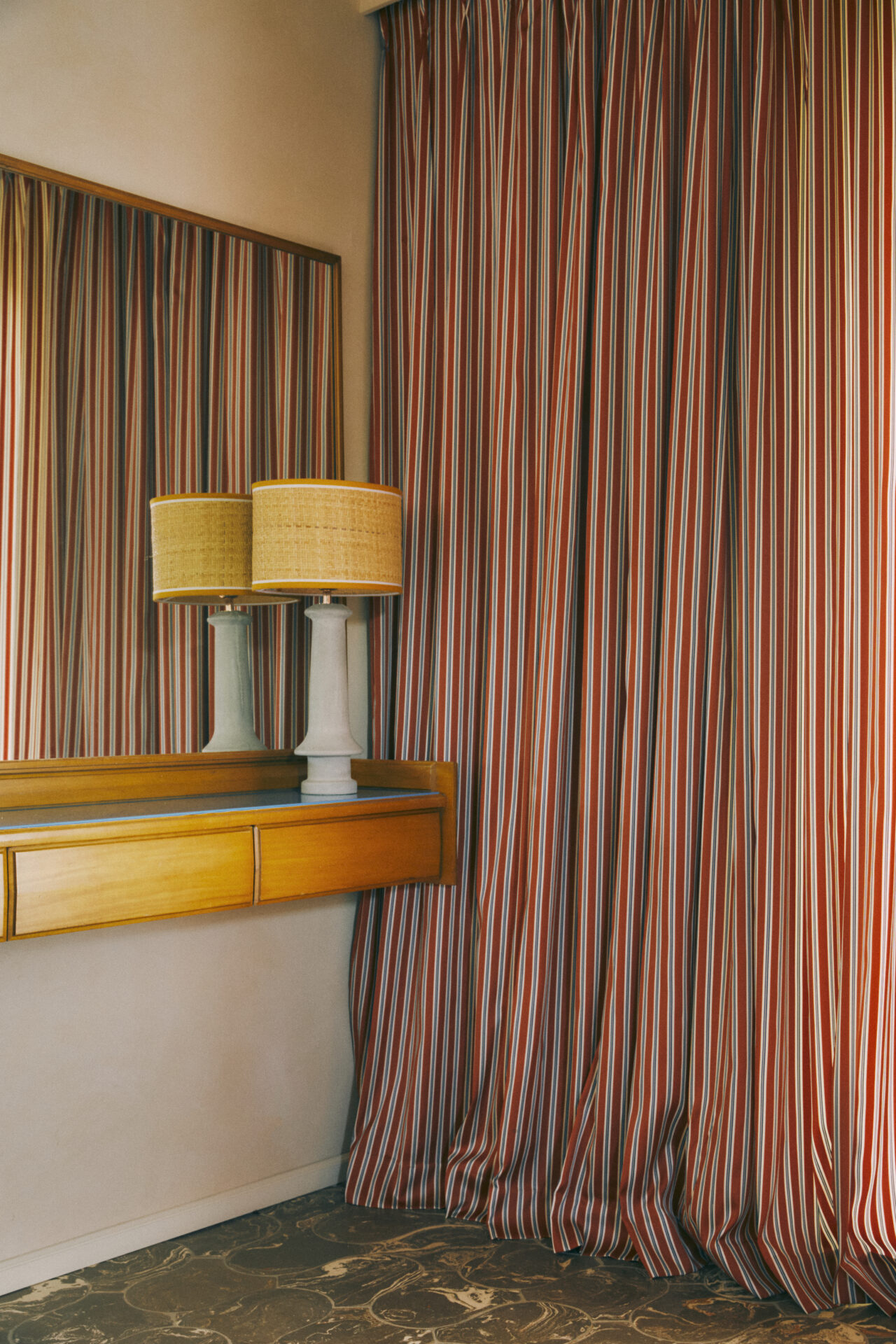 Voulez vous fabric in amarena red make for beautiful curtains