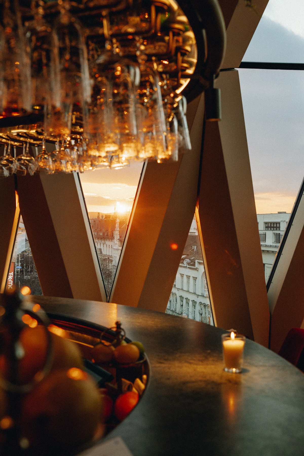sunset through window frame in Chez Bernard Bar un Hotel MOTTO