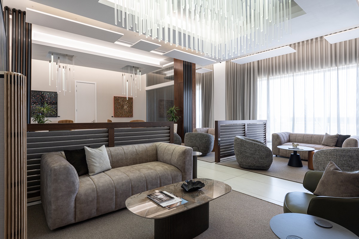 seating arranged in private areas in The Brompton Lounge in the Stansted Lounge for Harrods Aviation, designed by BoConcept Trade & Contract,