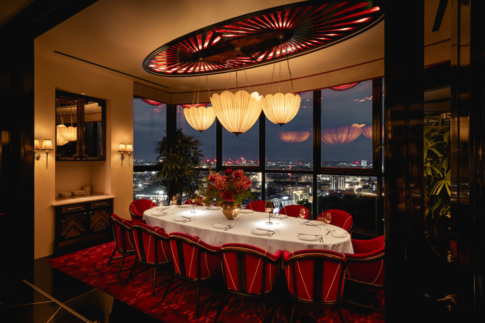 Dragons-Eye-scallop-pendants decorate the ceiling of Shanghai Me London | Johnny-Stephens-Photography