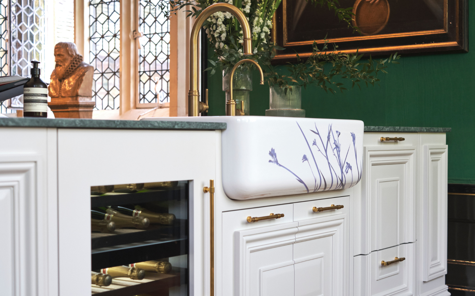 Shaws of Darwen Gallery Wild Grass Design incorporated into a striking island by Luxe Projects London for Clerkenwell Design Week and finished with Perrin and Rowe Southbank taps in aged brass - Photographer Chris Reeve