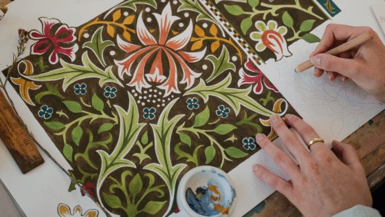 Unfinished work by William Morris being finished painted in studio