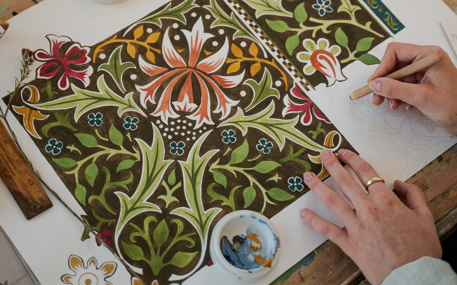 Unfinished work by William Morris being finished painted in studio