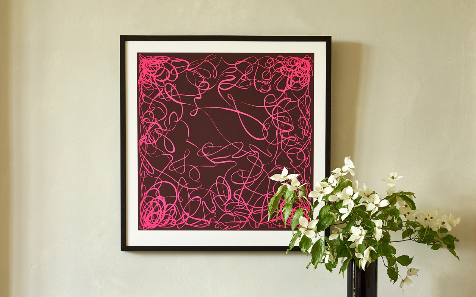 Pink and black graphic Richard Allan London silk scarf framed in black