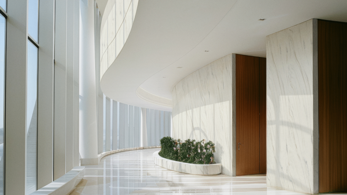 Corian floors and curved Corian walls in white