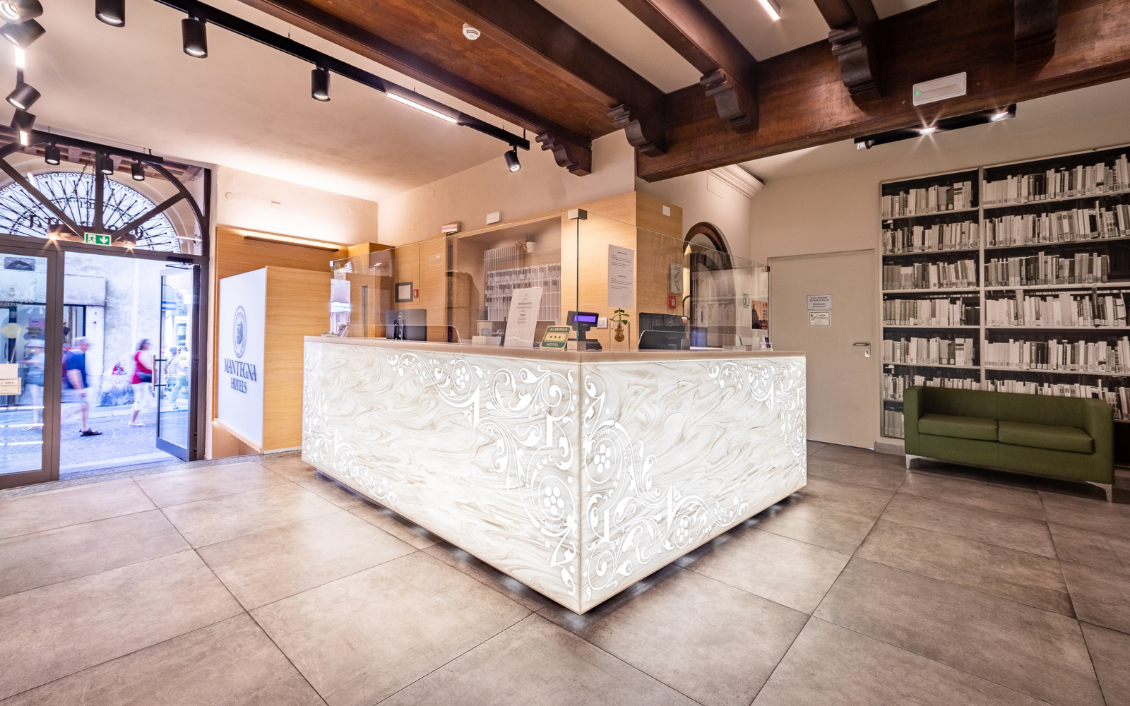 Corian reception desk, carved and backlit