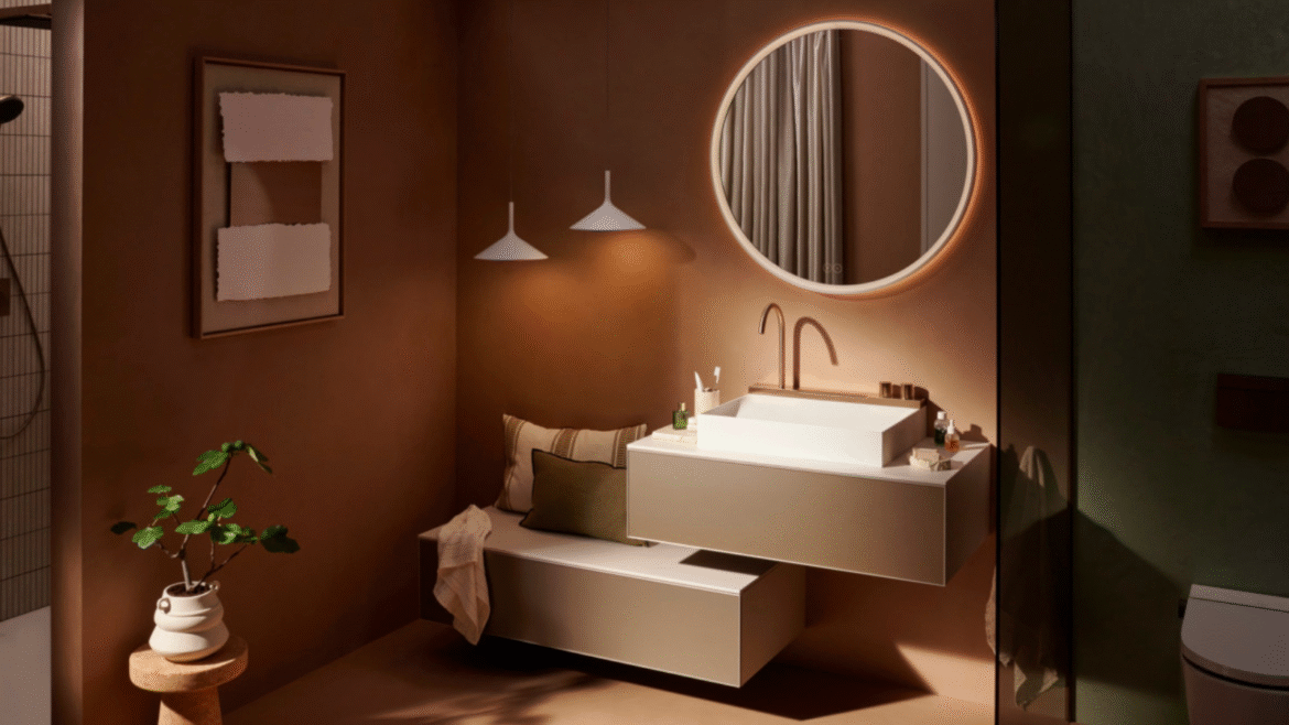 Tonal brown hued bathroom with new bathroom innovations from hansgrohe