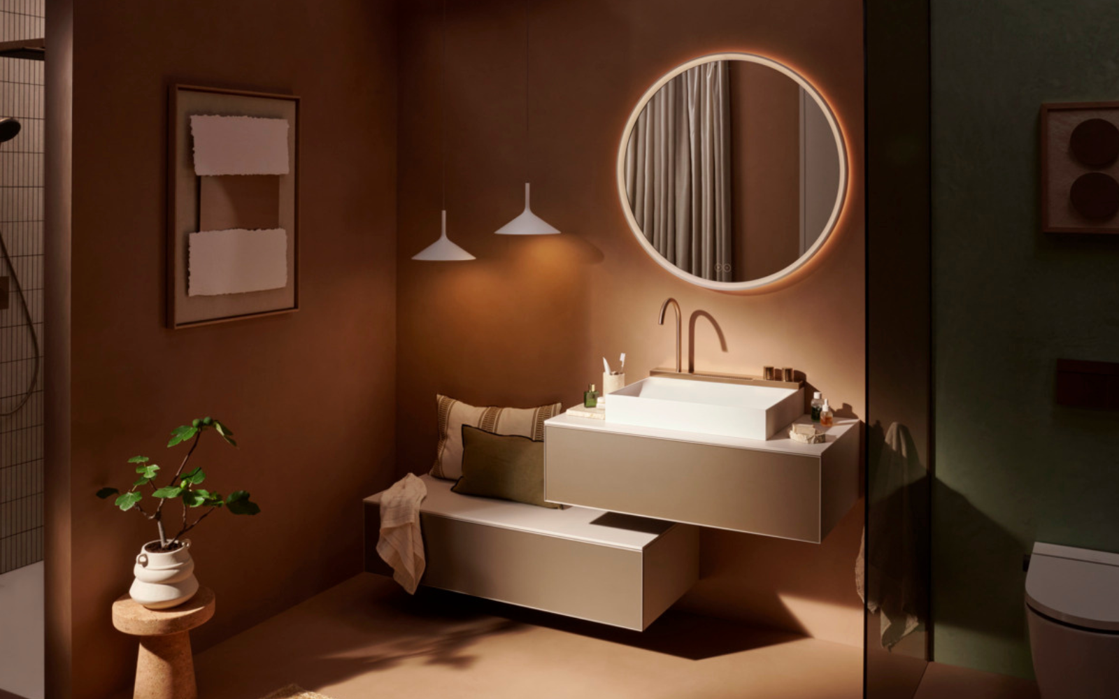 Tonal brown hued bathroom with new bathroom innovations from hansgrohe