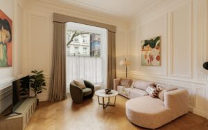 cream couch on wooden floor in front of period style London window