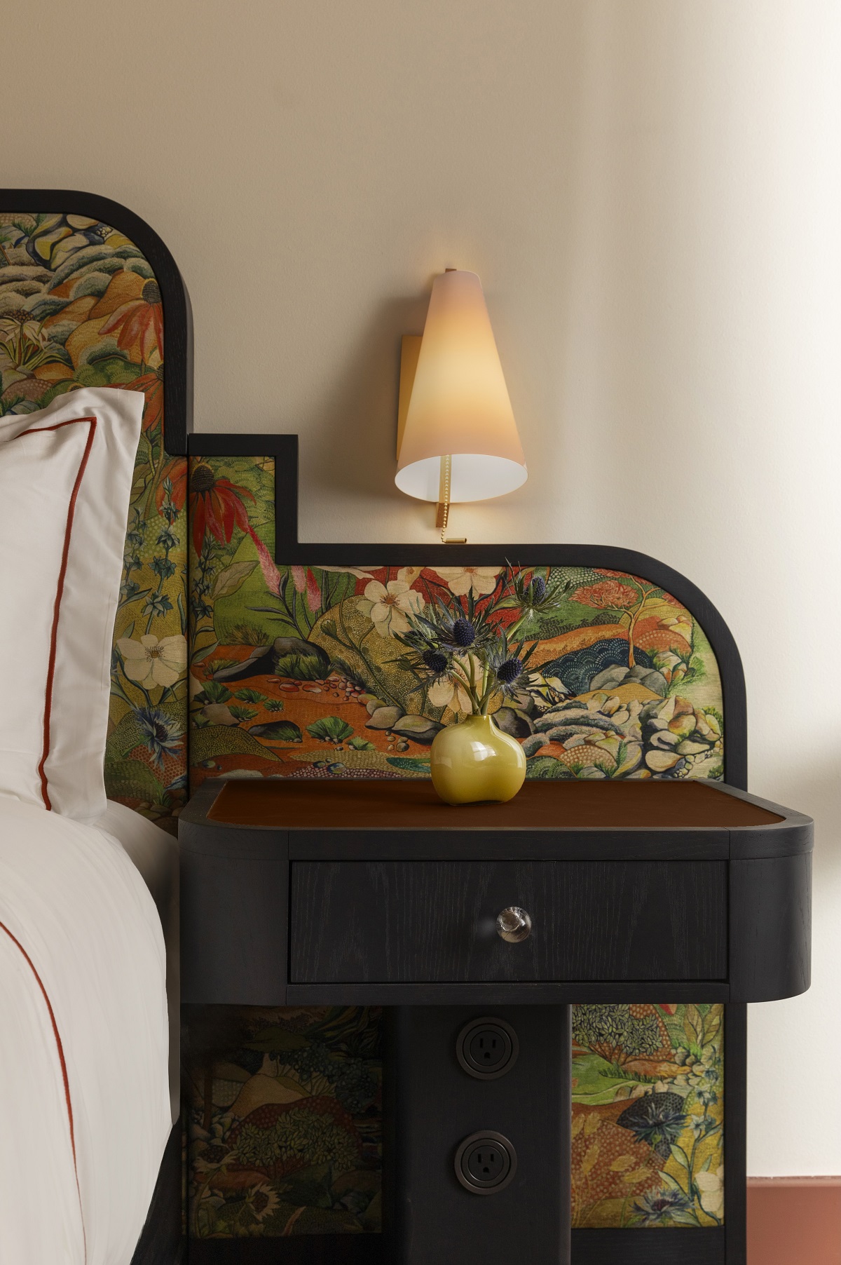 Hotel Daphne guestroom detail with mid century modern furniture