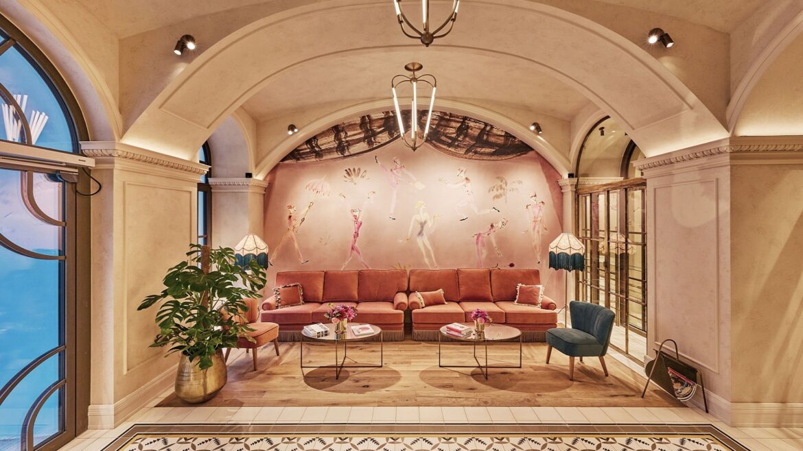 Hotel Motto in Vienna couch in alcove with mural in the LobbyReception (c) Oliver Jiszda