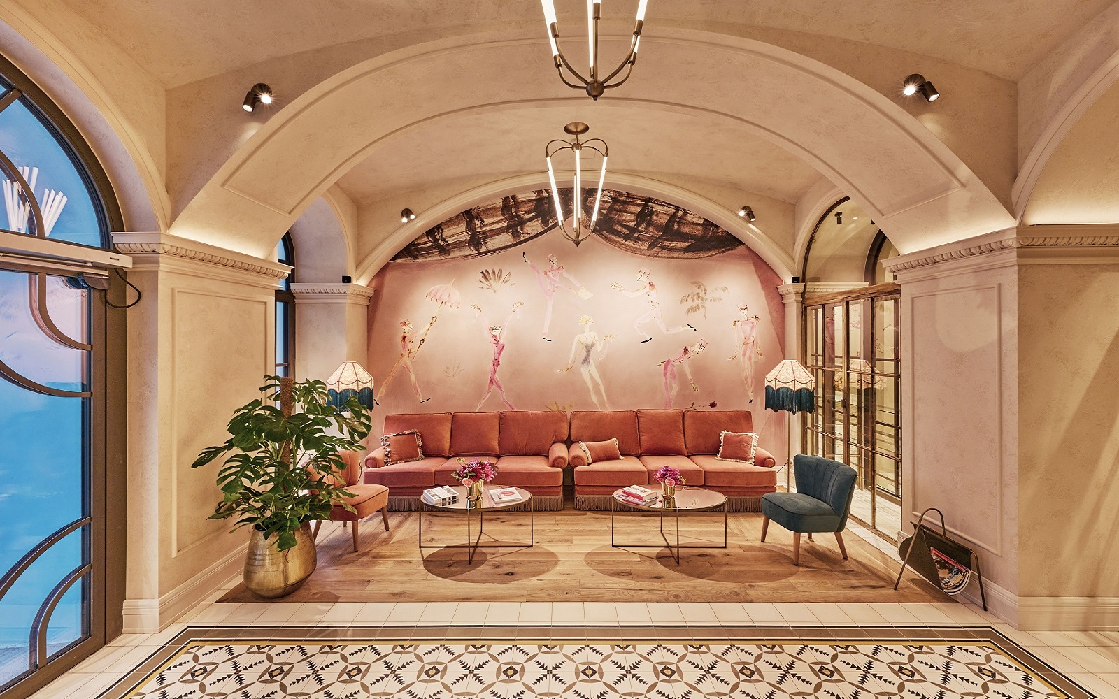 Hotel Motto in Vienna couch in alcove with mural in the LobbyReception (c) Oliver Jiszda