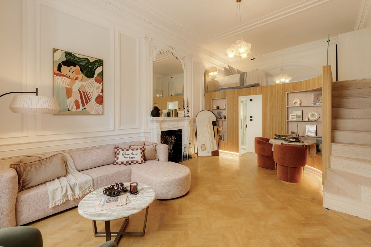view looking into the Notting hill apartment with bedroom on mezzanine