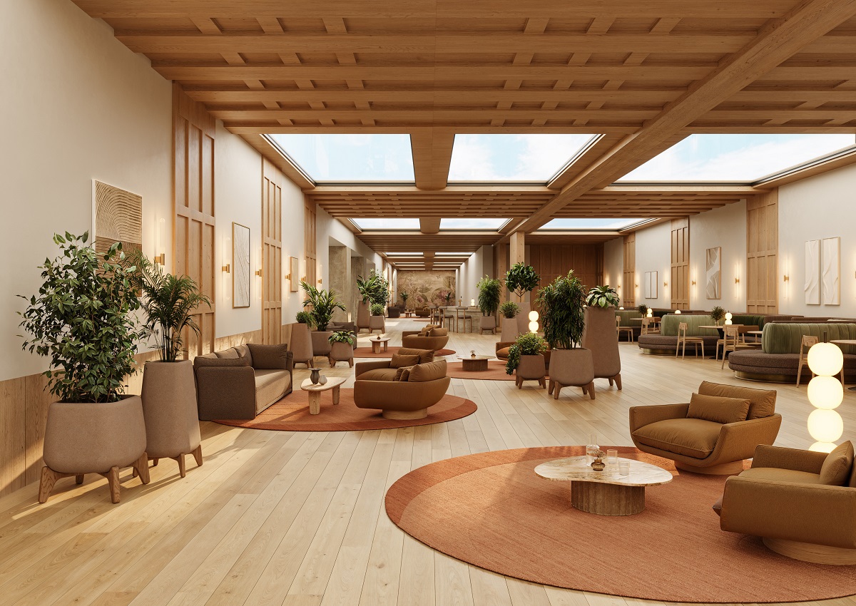 seating in lobby area with wooden floor and ceiling and organic pot planters between seating