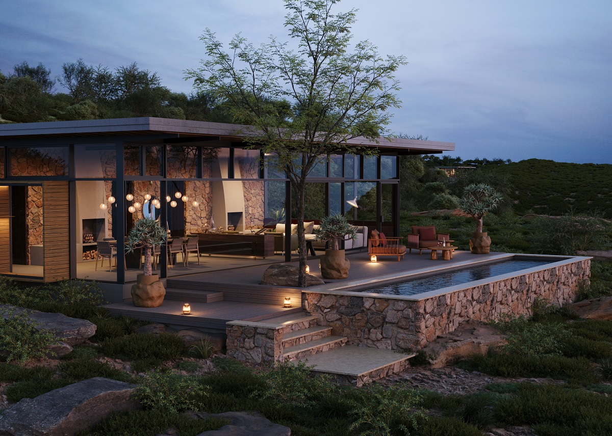 evening outdoor pool and garden with planters in rock formation