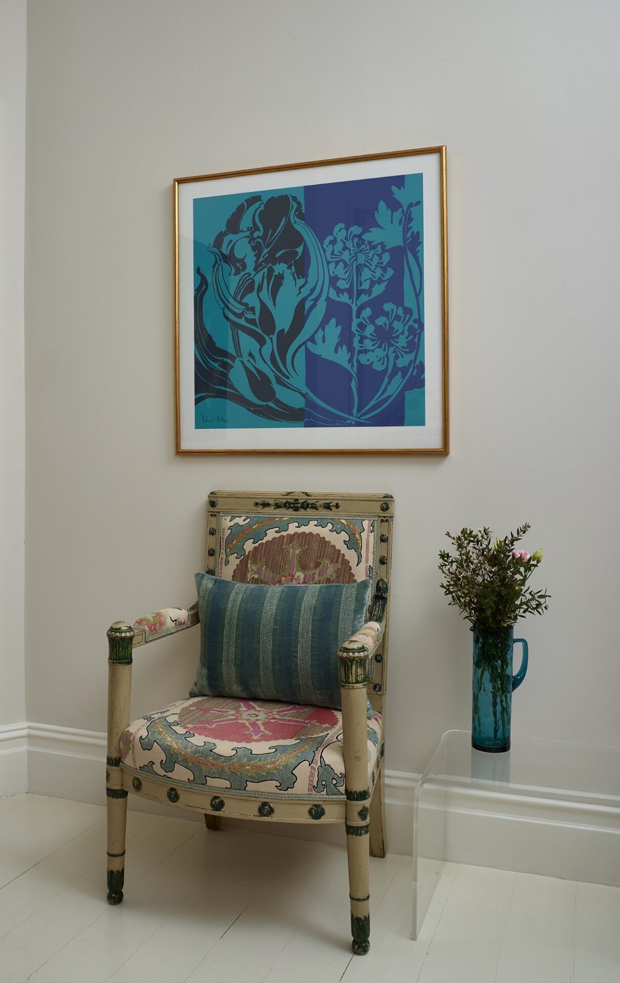 Blue graphic design on silk scarf, framed