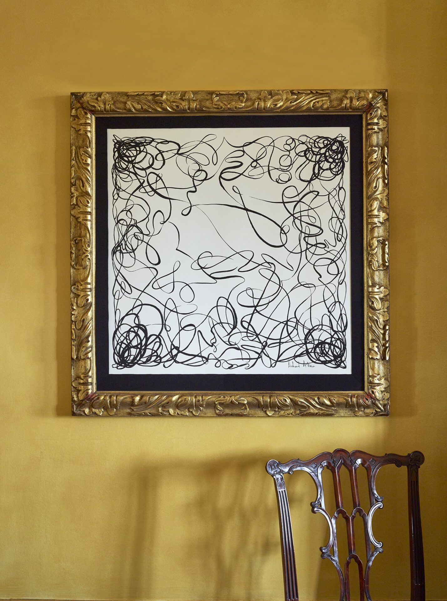Black and white graphic silk scarf by Richard Allan London in guilded gold frame