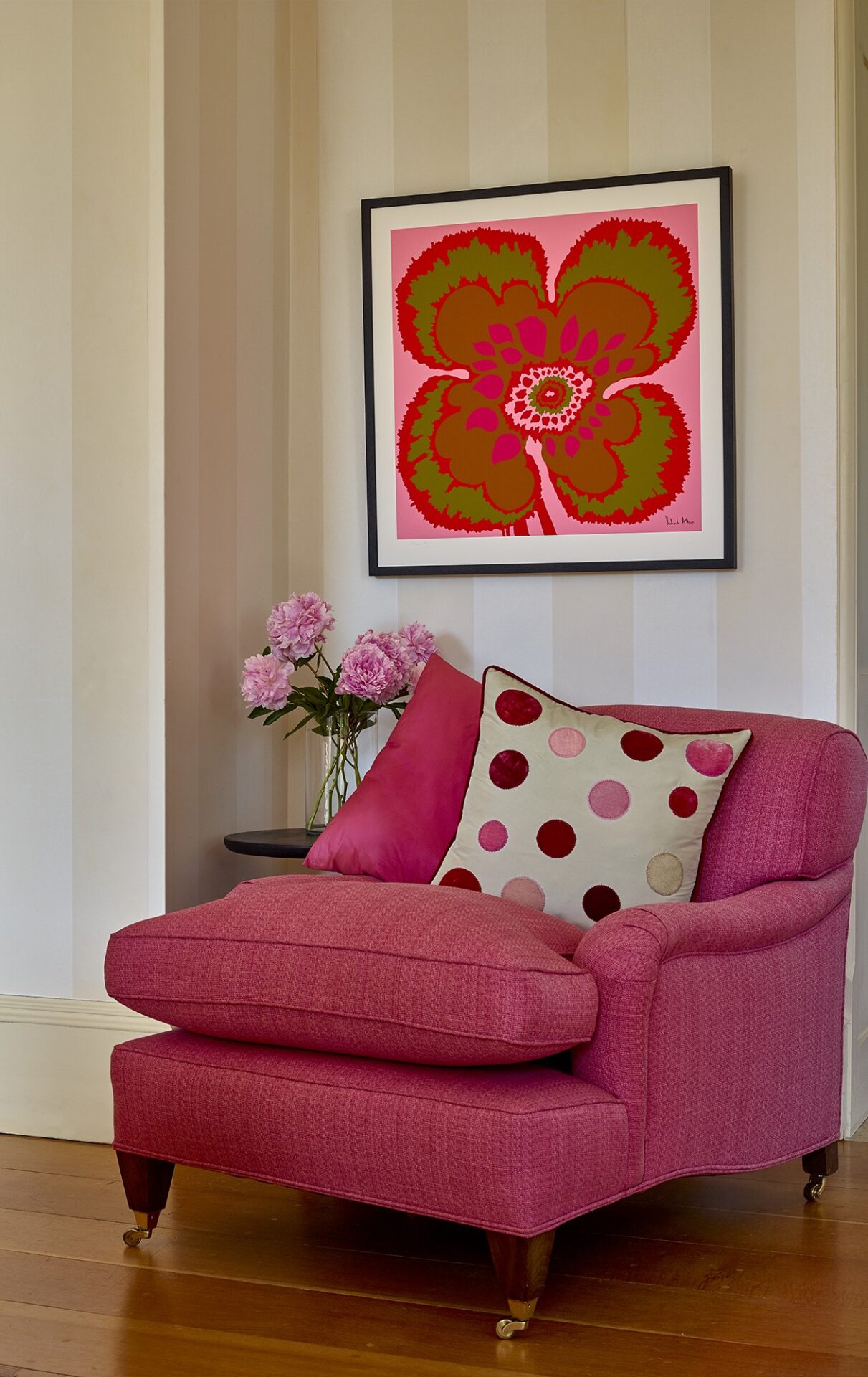 Pink and green flower graphic flower design on silk scarf, framed