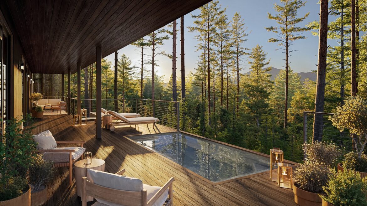 wooden deck, swimming pool in forested location Rosewood Residences Napa Valley
