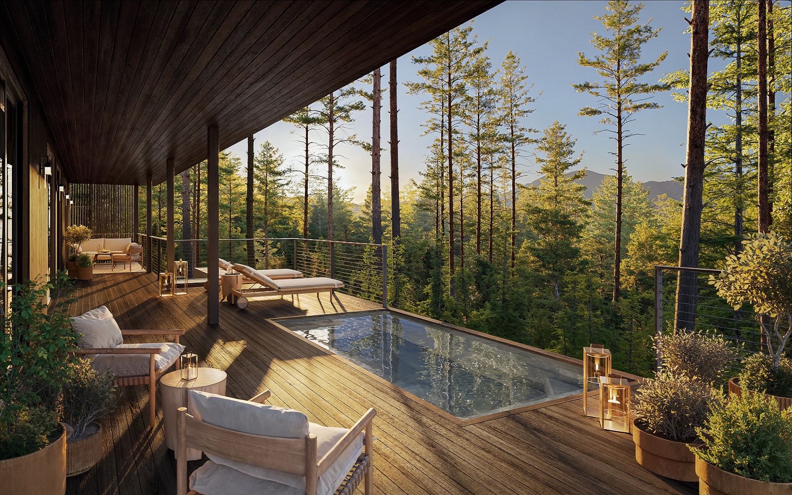 wooden deck, swimming pool in forested location Rosewood Residences Napa Valley