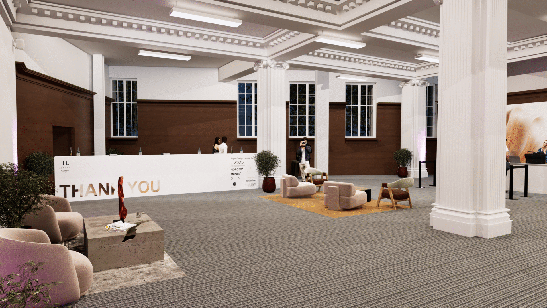 Luxury minimalist hotel lobby with earthy tones and greenery