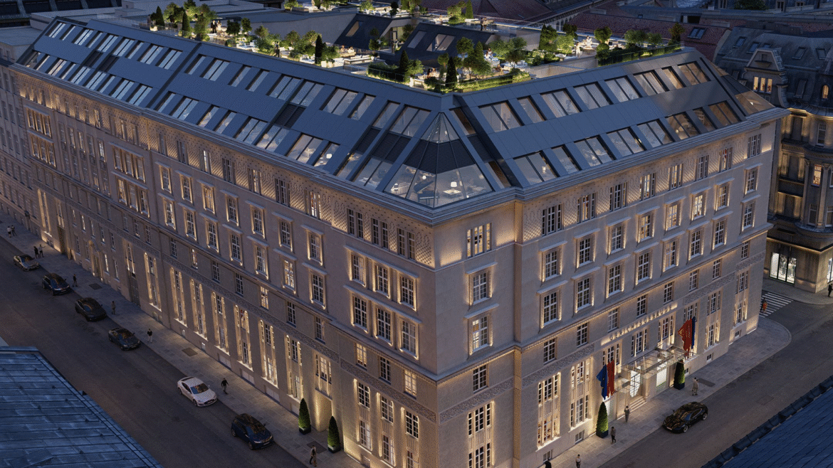 night view of facade of Mandarin Oriental Vienna with lighting on rooftop terrace