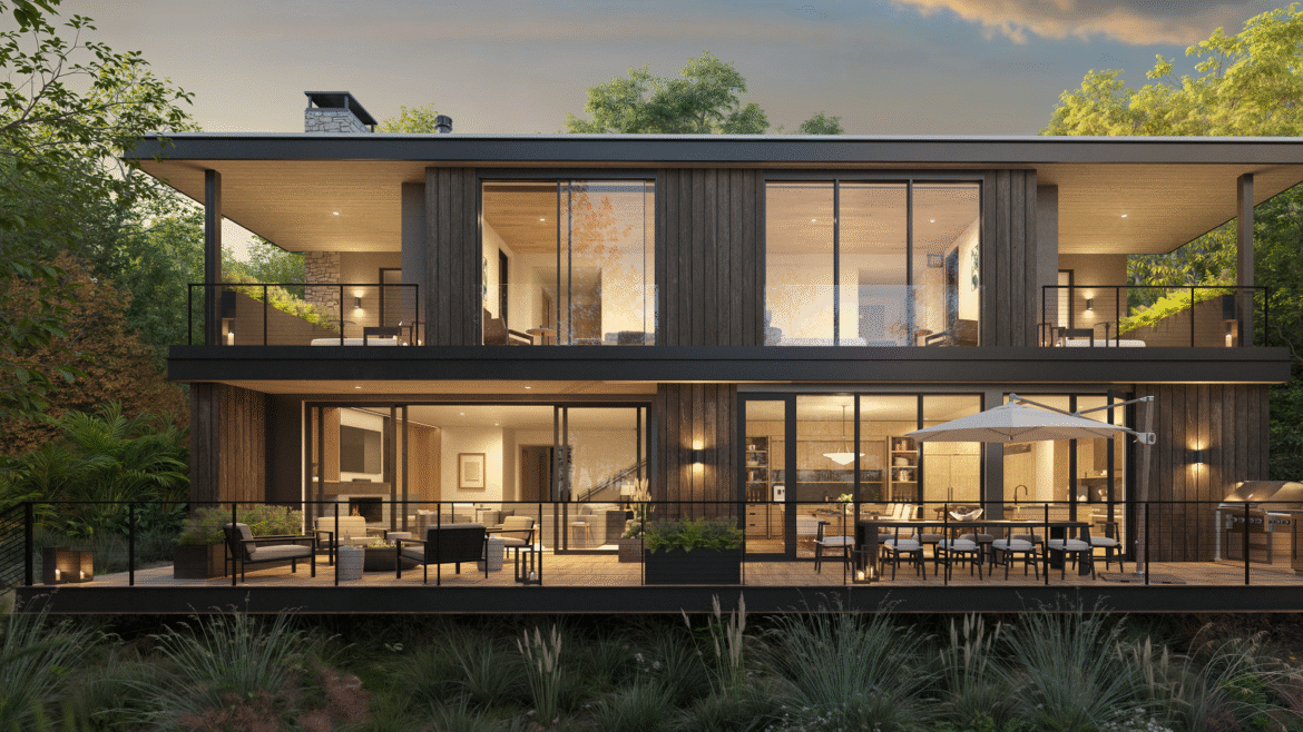 external view of facade with evening lighting internally One&Only in Hudson Valley