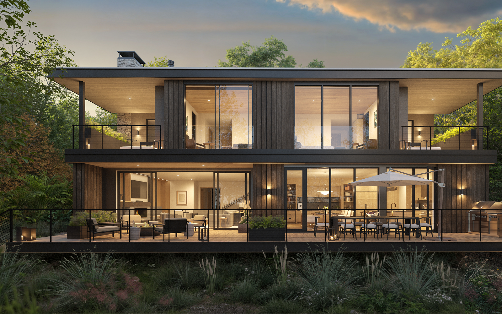 external view of facade with evening lighting internally One&Only in Hudson Valley