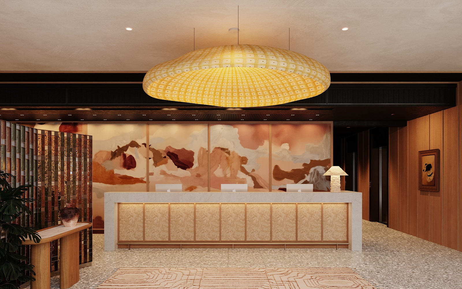 entrance and reception in Aethos London with large statement pendant light above textured carpet and mural on back wall