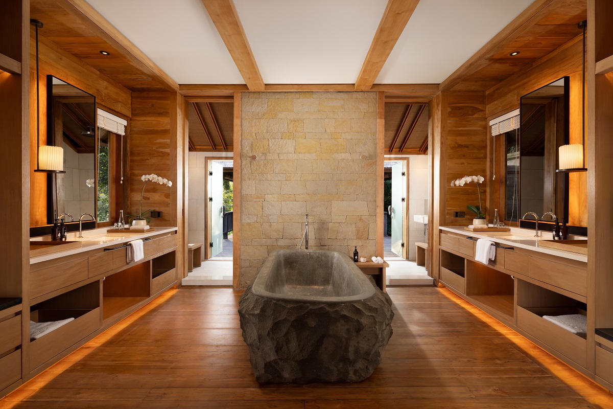stone bath surround in wood and bamboo bathroom design Wanakasa Residence COMO Shambhala Suite Bathroom