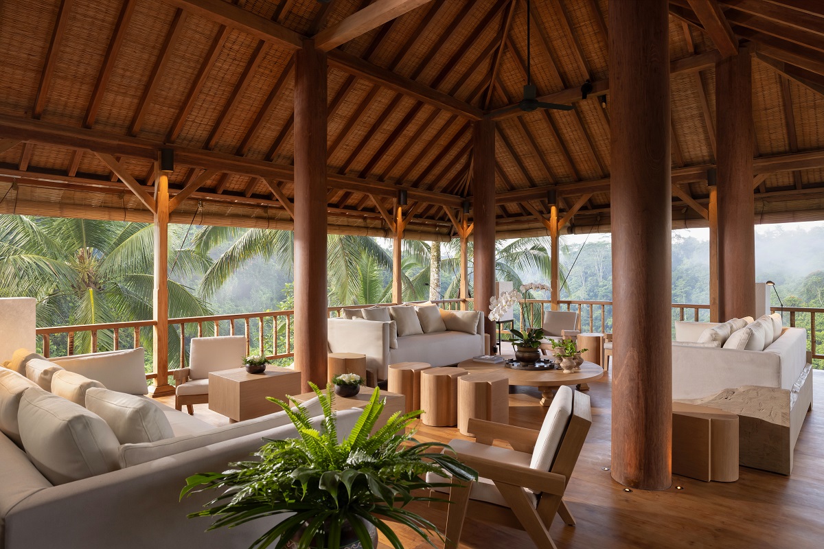 bamboo, wood and white interior open to the tropical forest in Wanakasa Residence Living Room