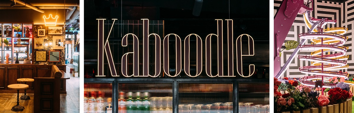 kabbodle logo in neon lighting and a collage of interior images