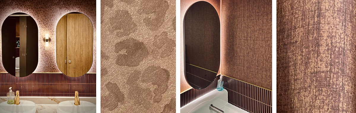 jungle vibe in the Kaboodle bathrooms which feature Panthera, Newmor’s stocked leopard print design and Java wallpaper