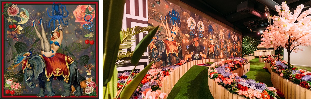 detail of wallpaper design alongside image of design in situ