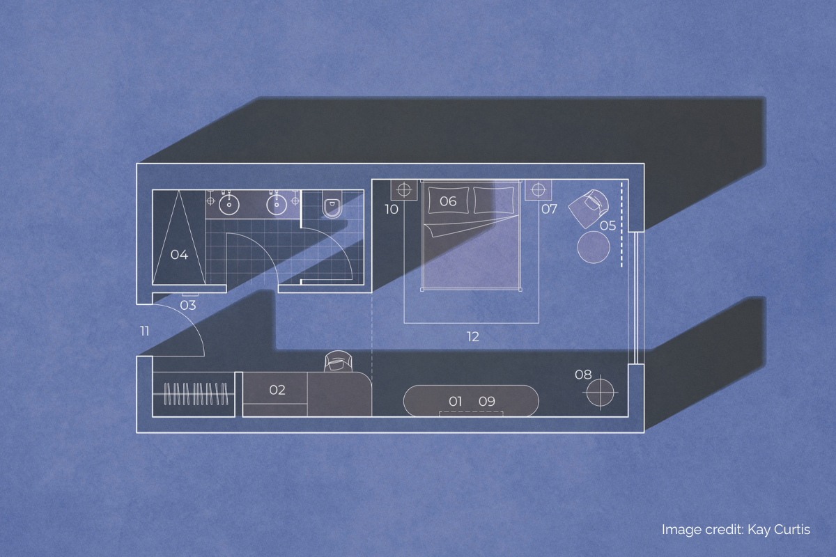 Diagram of floor plan for luxury hospitality room, where quiet technology is subtly integrated 