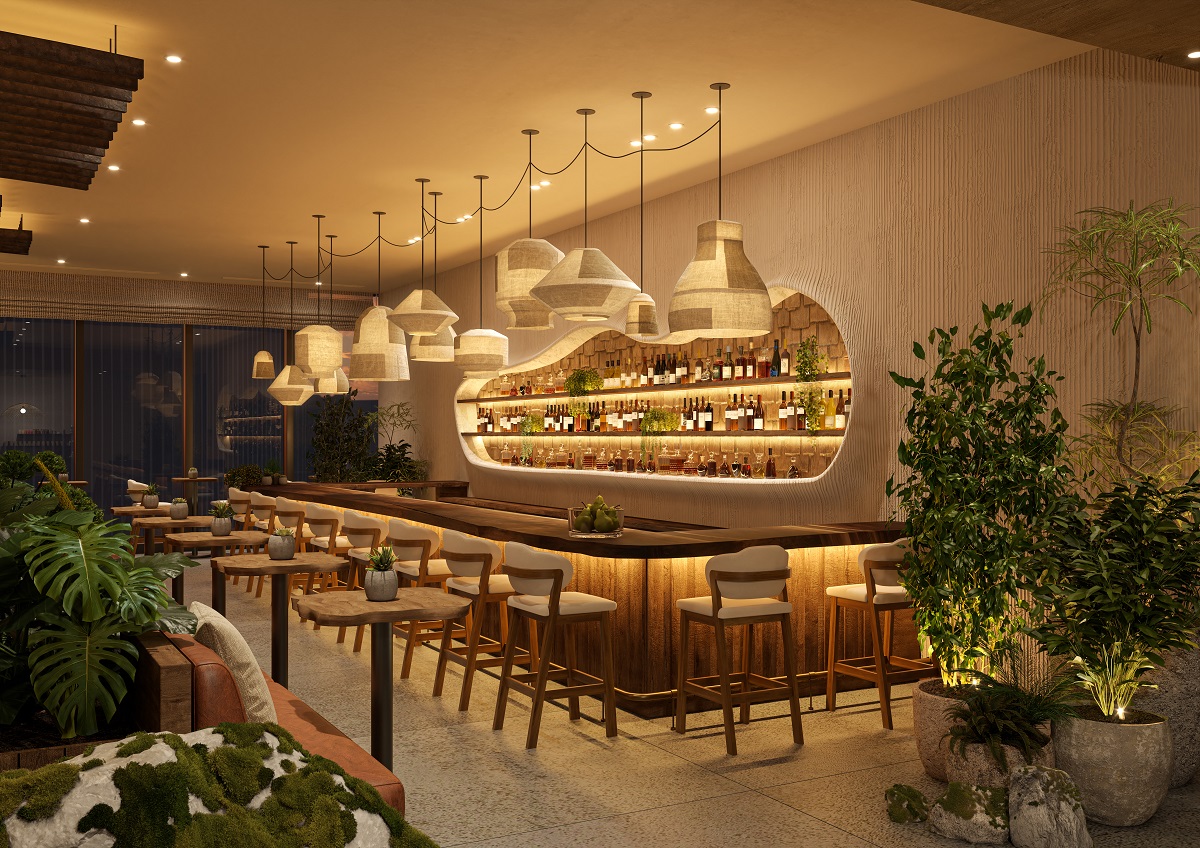 bar with multiple pendant lights above in different shapes, plants, and architectural lighting