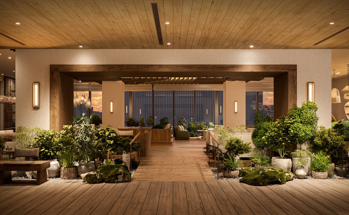 lobby at 1 Hotel tokyo with natural wood surfaces and planted biophilic greenery