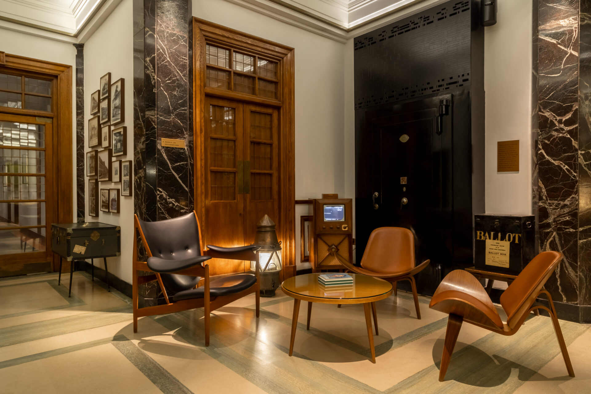 Main lobby of the Town Hall Hotel. 70s seating arrangement