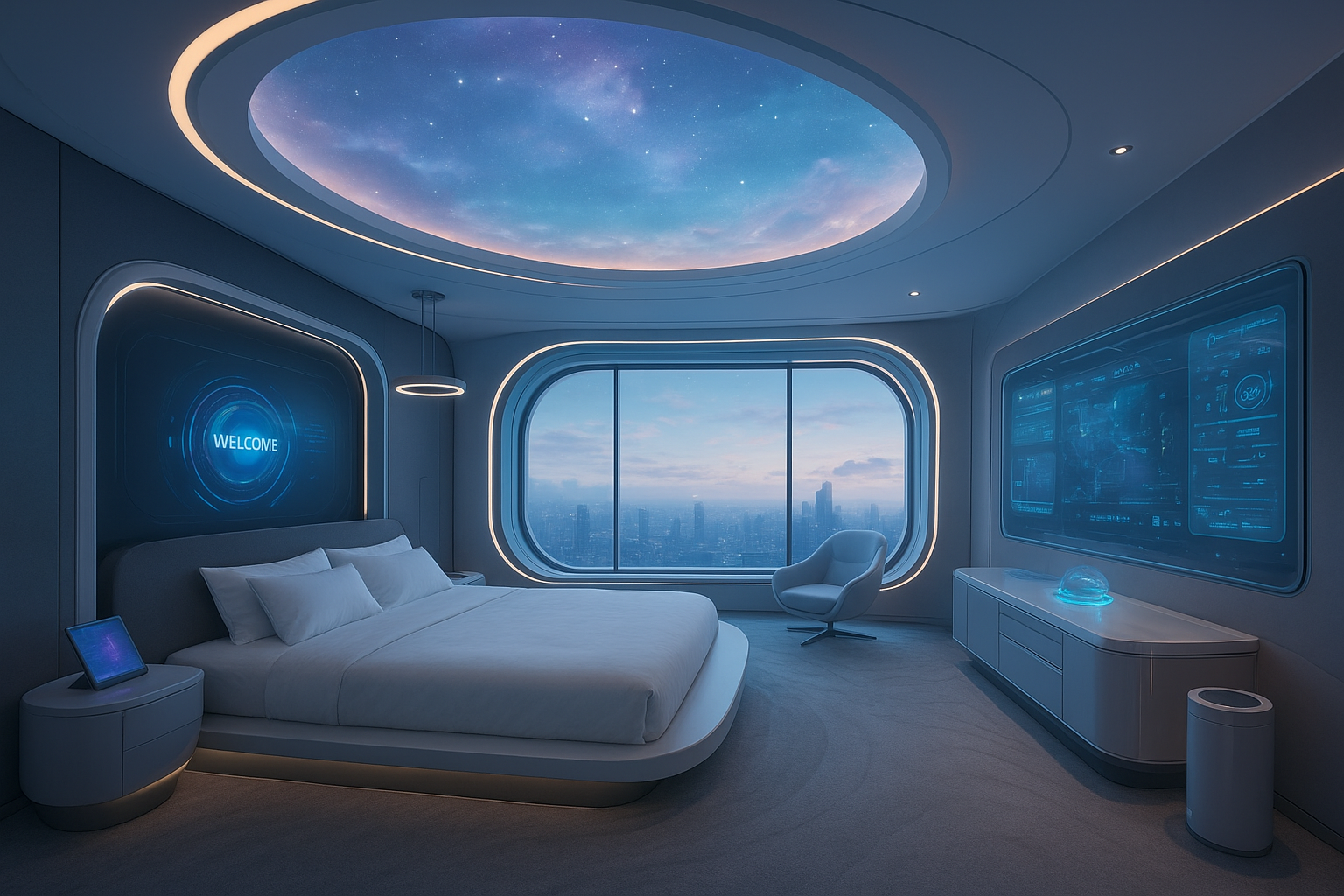AI image of futuristic hotel room - lots of tech, neon lights 