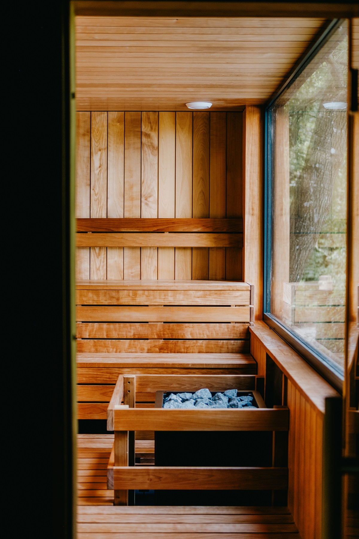 interior of sauna with view over the lake
