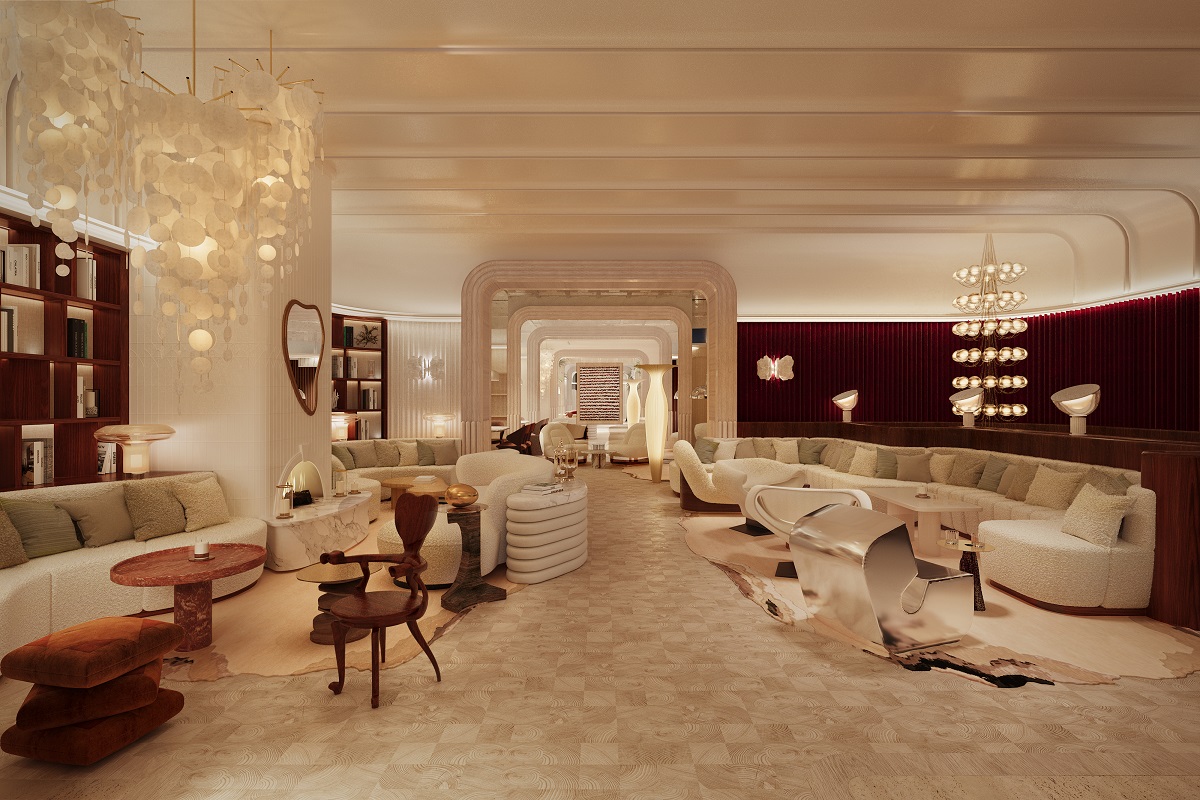 white on white design in the lobby of Delano London