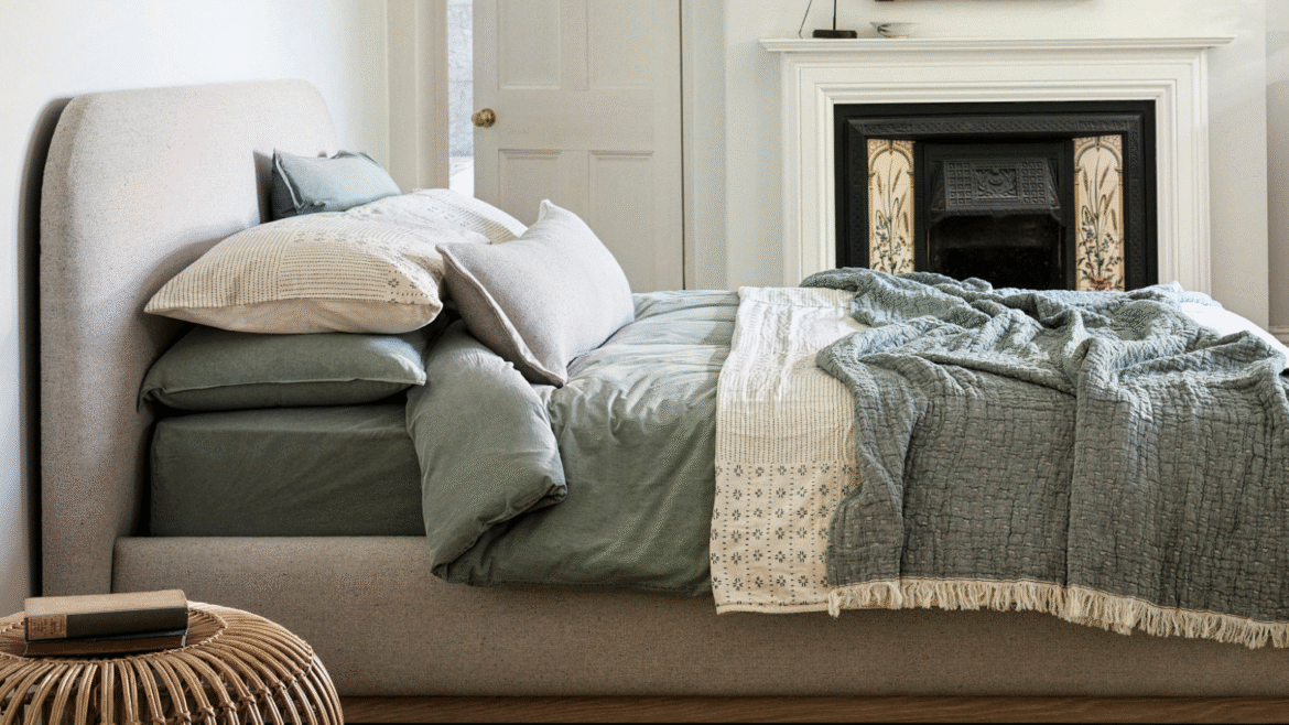 Halstock bed from Naturalmat covered in new upholstery fabric ReNew in oat colour.