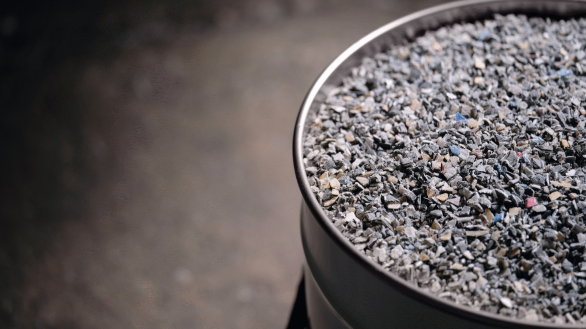 Close up of LVT flooring chopped ready for recycling