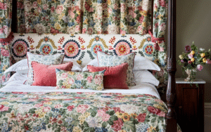 Bedroom styled with Sanderson Highgrove fabrics and canopy bed