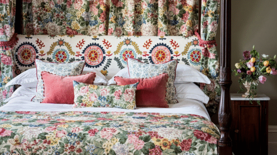 Bedroom styled with Sanderson Highgrove fabrics and canopy bed